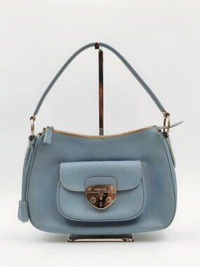 Prada Saffiano Lux Light Blue Leather Shoulder Bag Hobo Purse Silver Hardware
